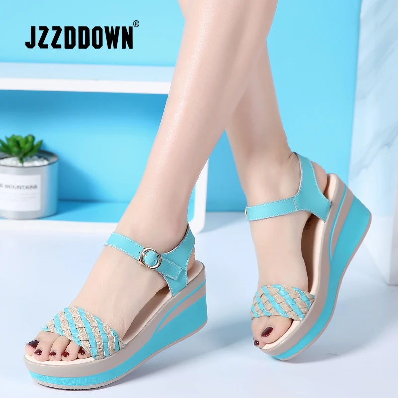 JZZDDOWN Female Sandals Shoes Wedge Platform Leather Ladies Buckle Sandals High Heels Woven Strap Sandals For Women Summer