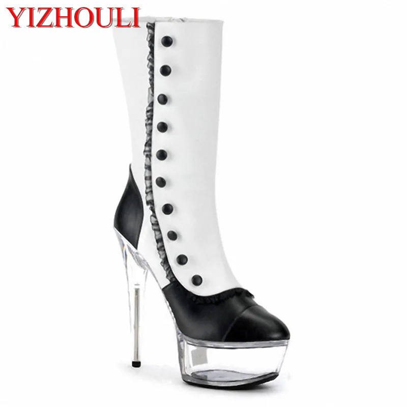 

Sexy stage transparent heels, classic knee-high boots, sexy 15cm round head high boots