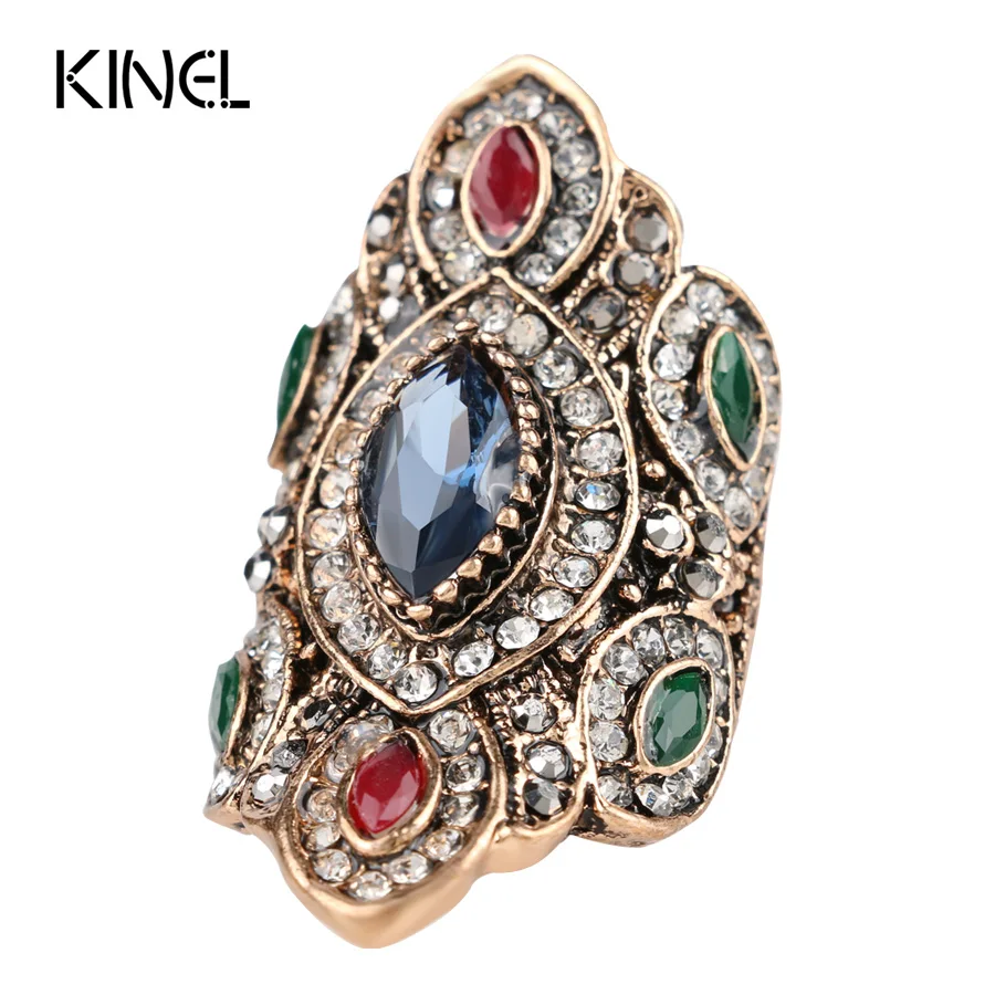 Punk Rock Vintage Wedding Rings For Women Color Antique Gold Unique Crystal Resin Big Ring Turkey Jewellery Christmas Gift