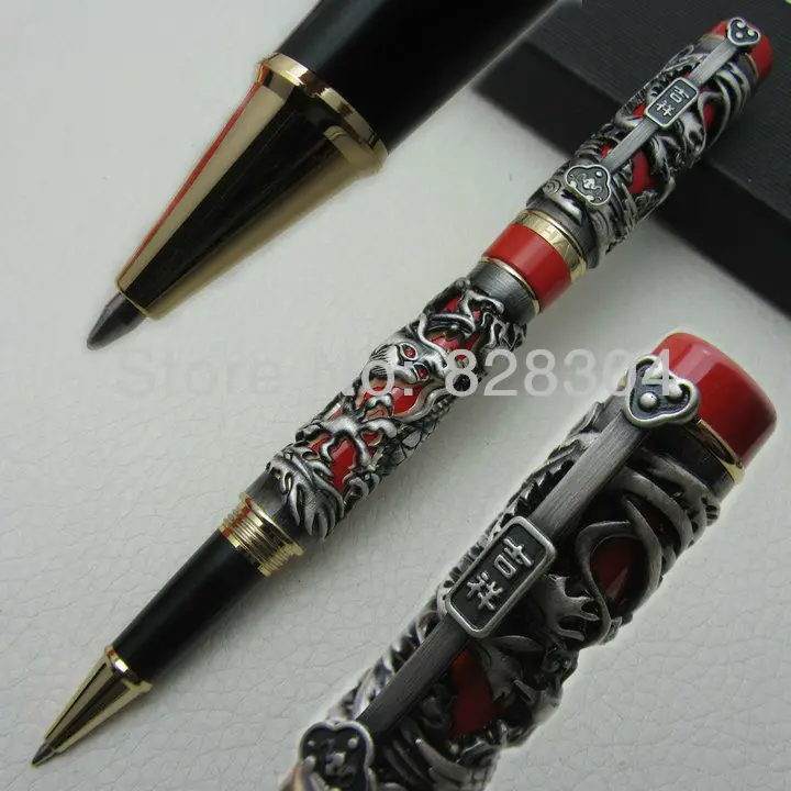 Jinhao Dragon & Phoenix Heavy Gray Red Chinese Classical Luck Clip Roller Pen