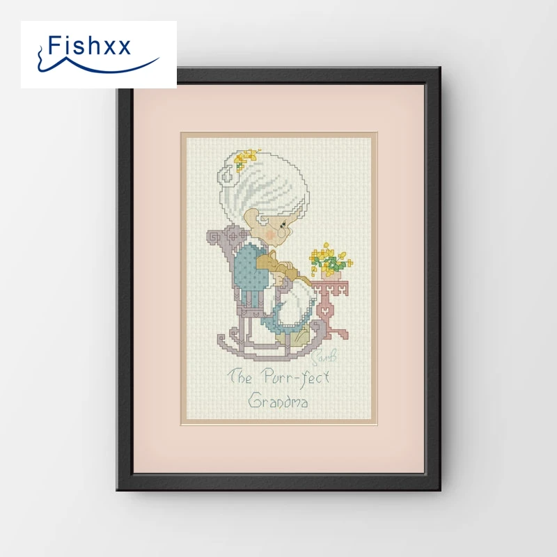 European Style Fishxx Cross Stitch Kit H060 Ivory White Cloth Holding The Little Cat's Old Lady When We Slowly Get Older