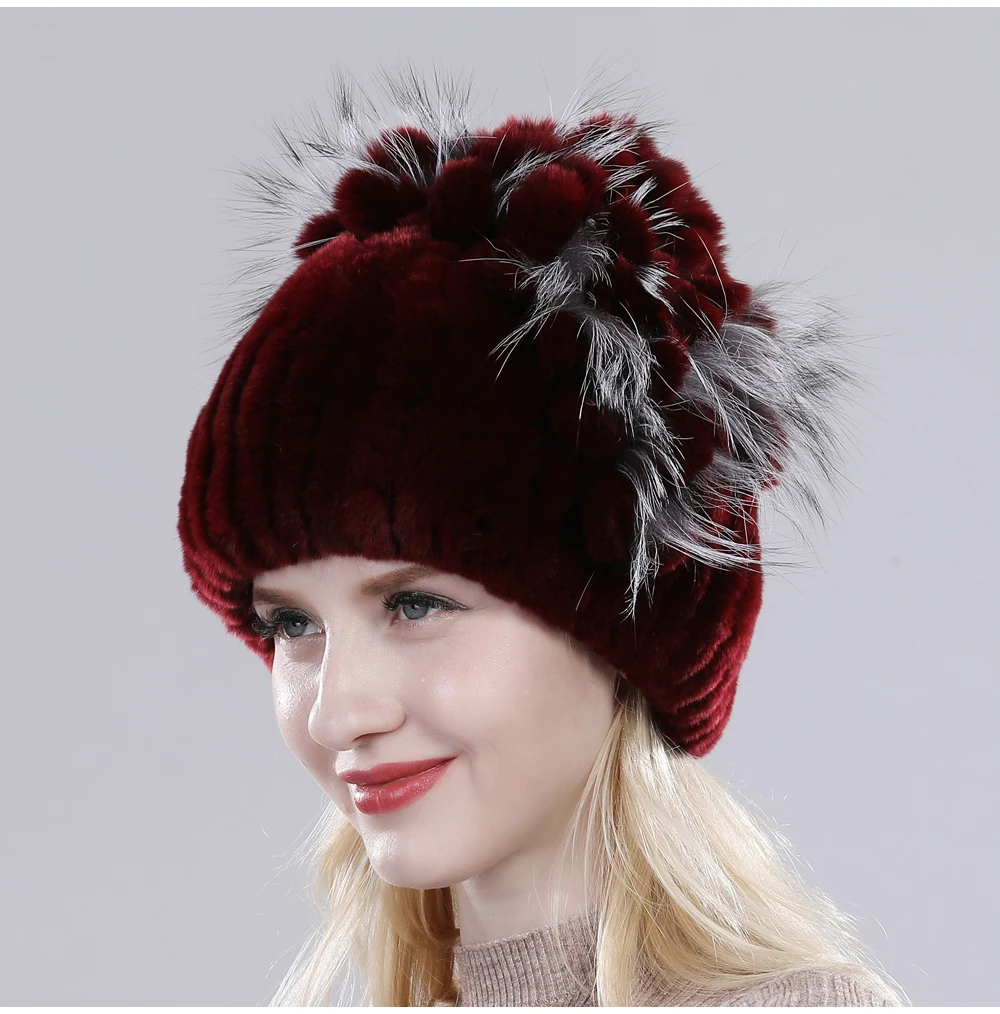 Neue Russische Damen Echt Rex-Kaninchenfell Mützen Luxuriöse Gestrickte Blumen Echte Rex-Kaninchenfell Kappe Winter Echt-Fell Beanie Mütze – Detail 30