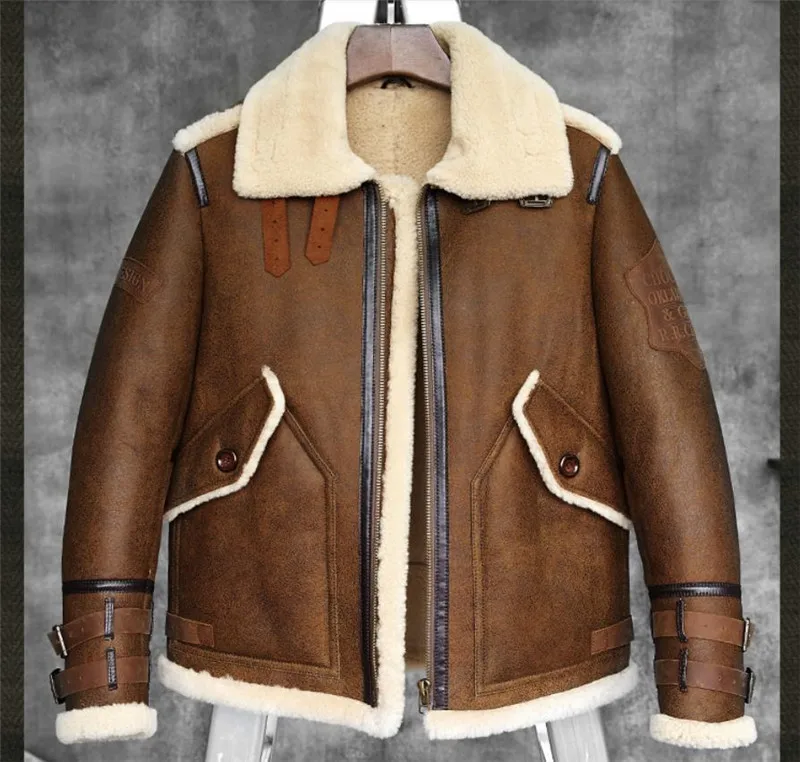 Mens B-3/B-6 Sheepskin Shearling Bomber Jacket Brown Color