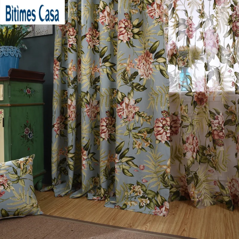 Floral Printing Blackout Windows Curtain Moderate Shading Rate For Living Room Bedroom With Matched Tulle