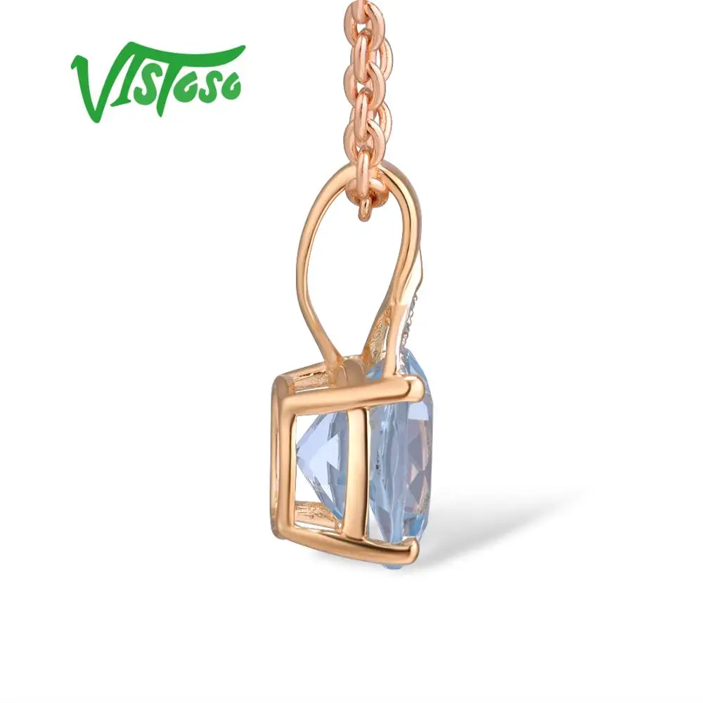 VISTOSO Gold Pendant For Women Genuine 14K 585 Rose Gold Radiant Blue Topaz Sparkling Diamond Pendant Delicate Fine Jewelry