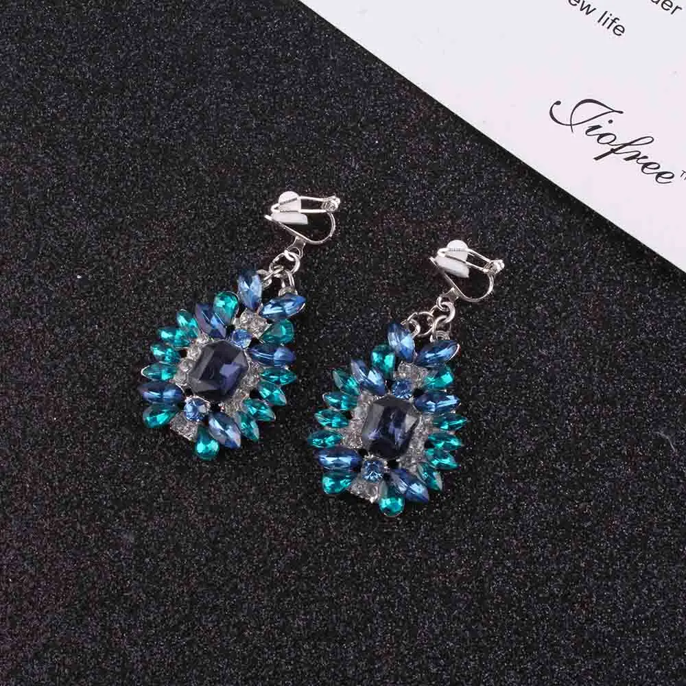 High Quality blue Crystal Clip on Earrings For Women Luxury Ear Jewelry Vintage Party Wedding Jewelry Hot Sale Gift Wholesale