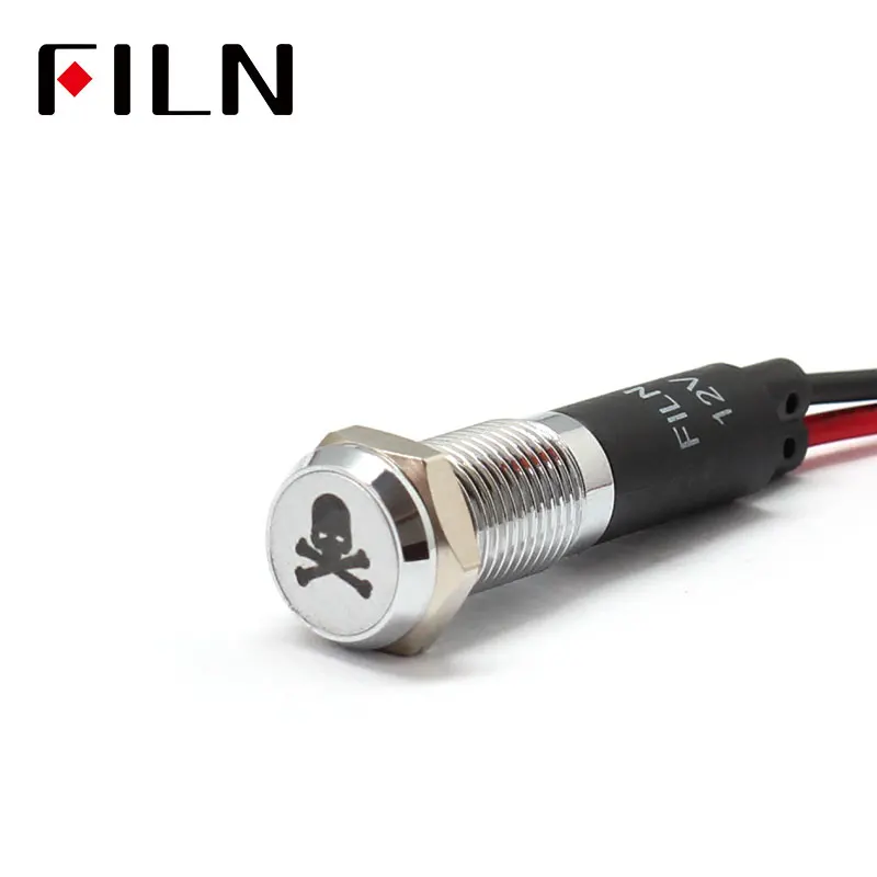 FILN 8mm Car dashboard Skull tag symbol led red yellow white blue green 12v led indicator light with 20cm cable