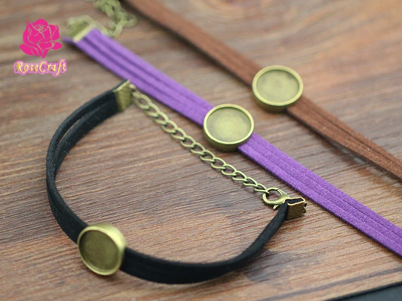 10 sztuk ręcznie robione 15cm zamszowy sznurek bransoletka ustawienie 14mm okrągły Cabochon pusta podstawa Bezel taca DIY komponenty do biżuterii akcesoria — zdjęcie 4