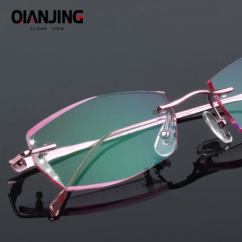 

Luxury Eyeglasses Rimless Women Myopia Prescription Eye Glasses Diopter Rhinestone High Clear Lenses Gold Ladies Reading Eyewear