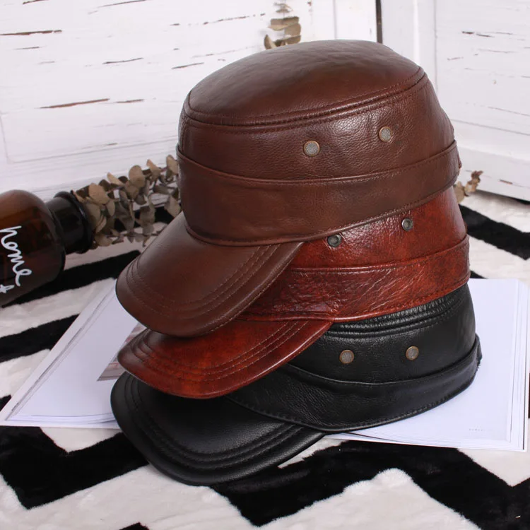 Genuine Leather Flat-topped Visor Cap Men Outdoor Autumn Winter Fashion Warm Elderly Male Hat Middle Age Man Casual Caps H6945