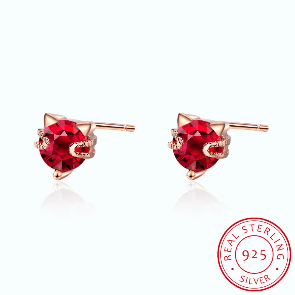 Cute 925 Sterling Silver Red Cz Zirconia Kitty Cat Gato Stud Earrings For Women Children Girls Kids Jewellery Gift Brinco Pequen