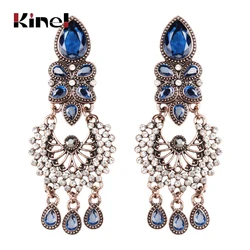 Kinel Exaggerated Big Earrings Ethnic Style Indian Jewelry Antique Cold Blue Crystal Flower Vintage Wedding Earring For Women