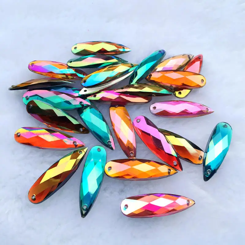 DIY 8*28mm AB Colorful Drop Pear stone crystals Flatback Acrylic Rhinestone trim sewing 2 Hole costume Button 25Pcs -S51A