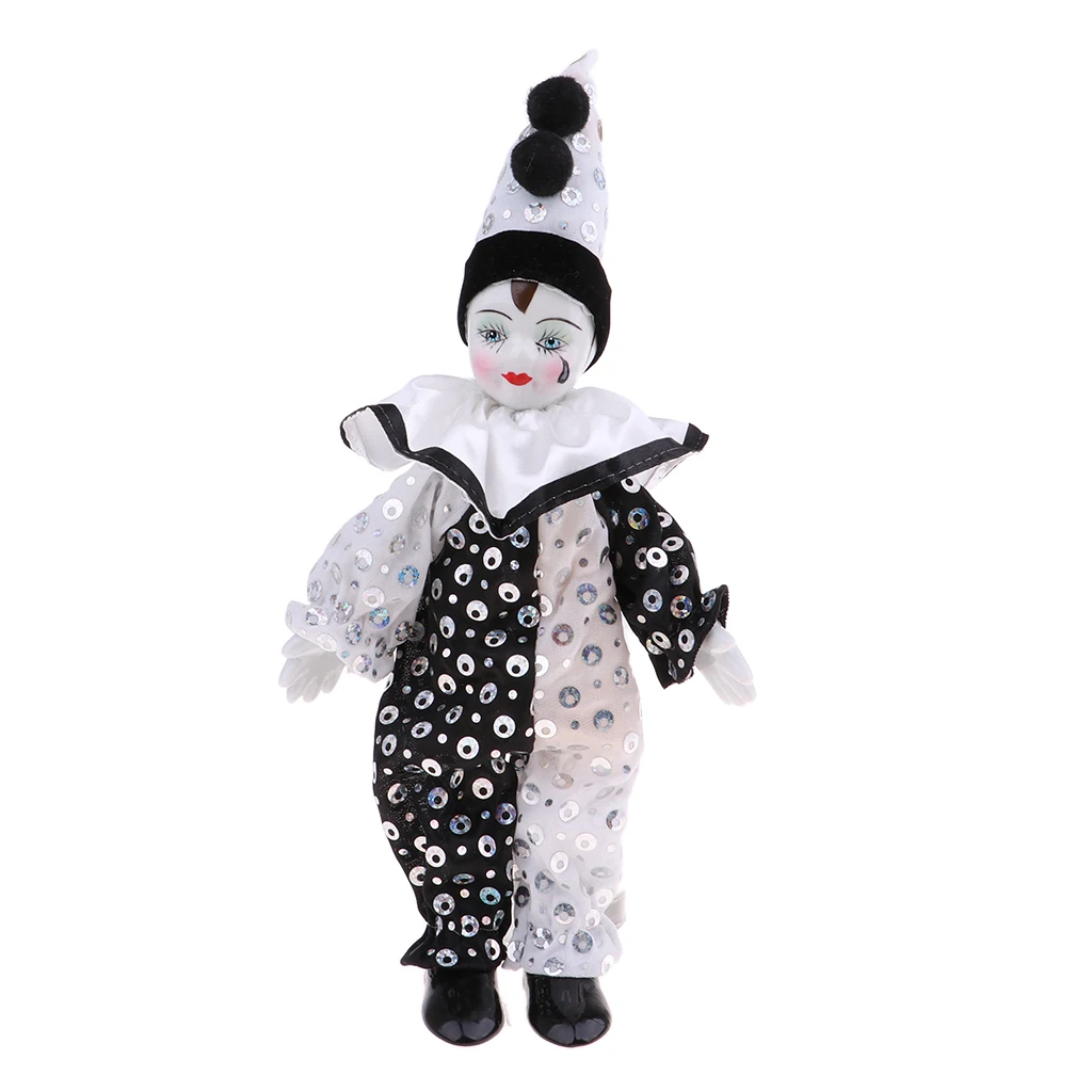 23cm Height Funny Porcelain Clown Man Wearing High-grade Brocade Clothes Figure Doll Toy Xmas Party Decoration Polka Dots