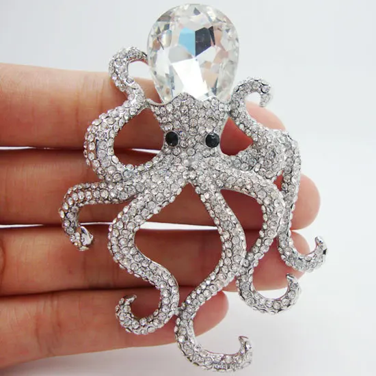 

Pretty Elegant Octopus Clear Rhinestone Crystal Silver-plated Brooch Pins Pendant Unique Gifts for girl