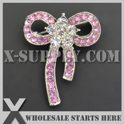 

Bow Metal Pink Rhinestone Brooch with Safe Pin Backing for Bridal Wedding Dress,Party Accessory