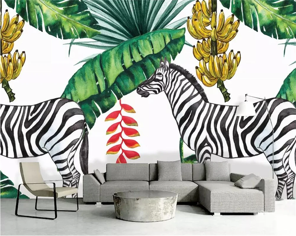 Beibehang Custom wallpaper Nordic fresh hand-painted zebra banana leaf TV background wall living room bedroom mural 3d wallpaper