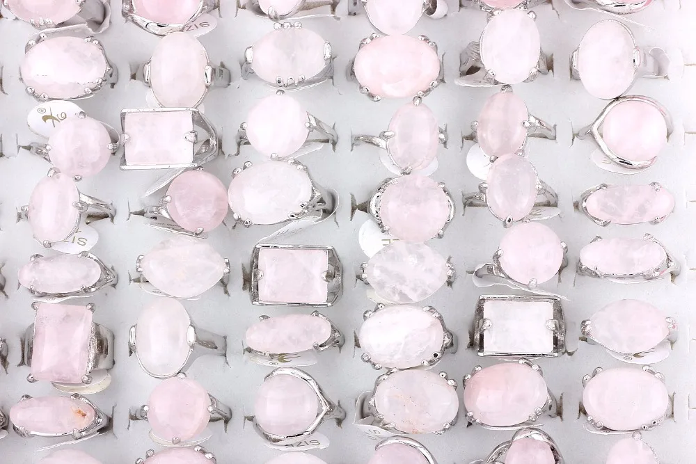 Wholesale Bulk 10Pcs Mix Style Natural Pink Quartz Stone Ring Band Zinc Alloy Ring Wedding Engagement Jewelry