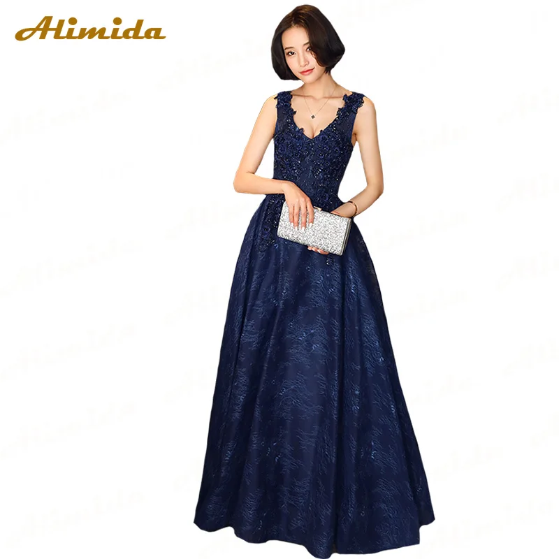 

ALIMIDA Royal Blue Evening Dress 2020 Appliques Lace Prom Dresses Sequins A-Line Party Dress Sexy V-Neck robe de soiree