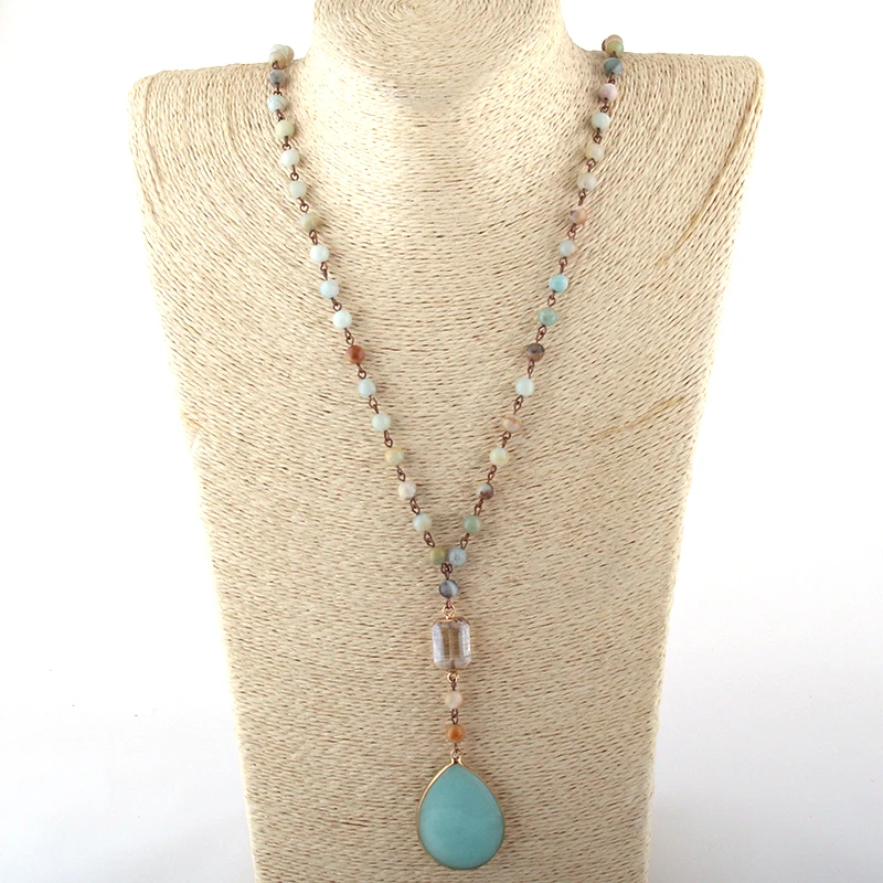 Fashion Bohemian Jewelry 6mm Stones Rosary Chain Crystal Link Stone Drop Pendant Necklaces For Women Ethnic Necklace