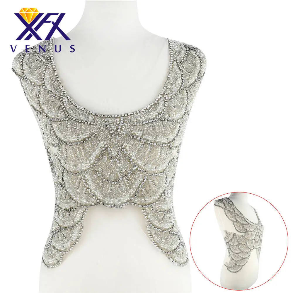 

XINFANGXIU Handmade sew on rhinestone crystal patches with beads pearls diamonds beading embroidery embellishment for weddinG