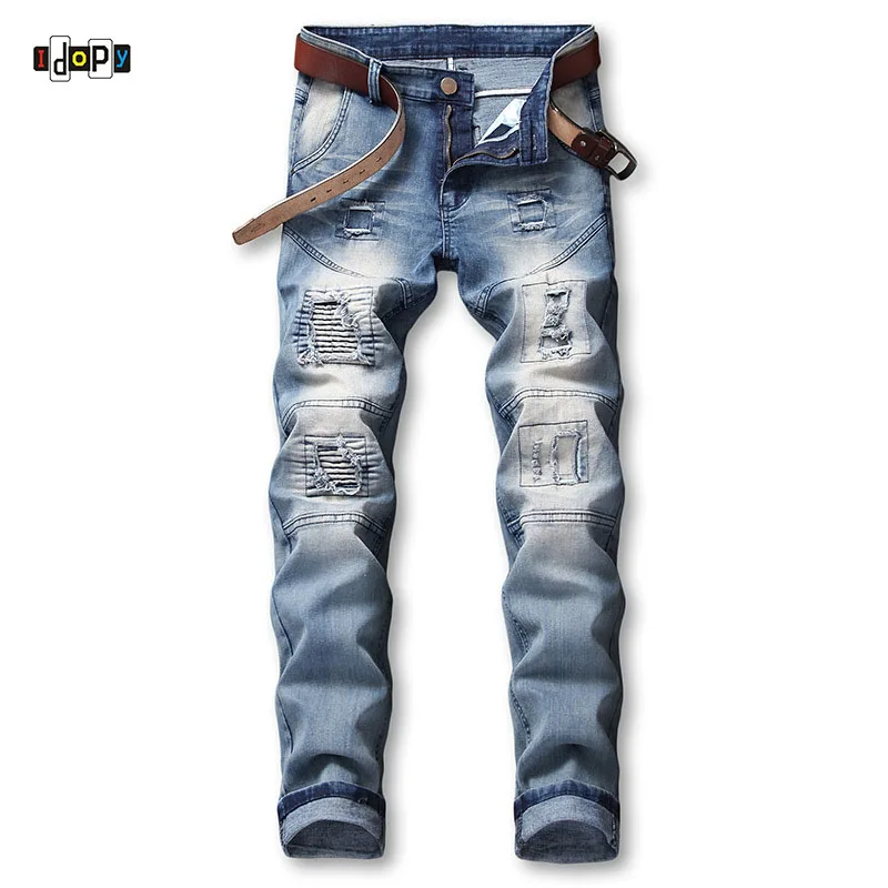 Idopy Fashion Mens Vintage Washed Skinny Jeans Ripped Denim Pants With Holes High Street Hip Hop Retro Jean Trousers For Men