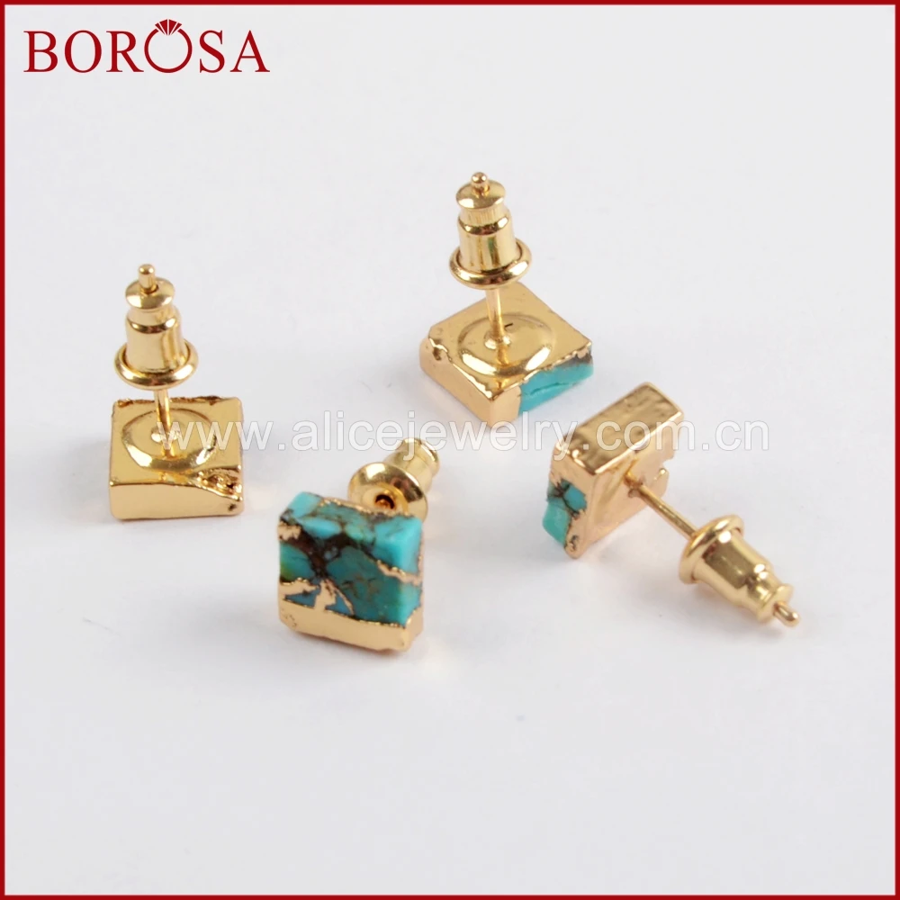 BOROSA 5/10Pairs Gold Color 7mm Square Copper Natural Turquoises Stud Earrings Natural Blue Stone Earrings for Women G1648
