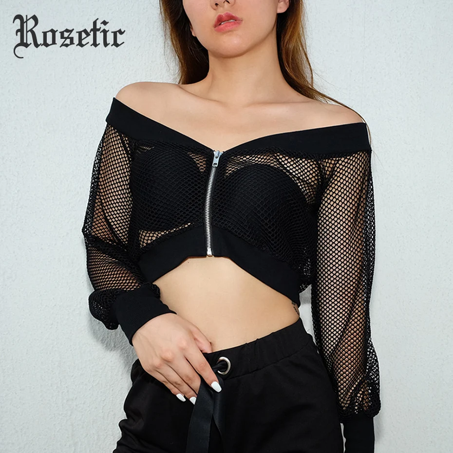 Rosetic gótica-Blusa de manga larga para mujer, blusa Sexy de malla negra transparente con cuello oblicuo, ahuecada con hombros descubiertos, ropa gótica de calle para Club