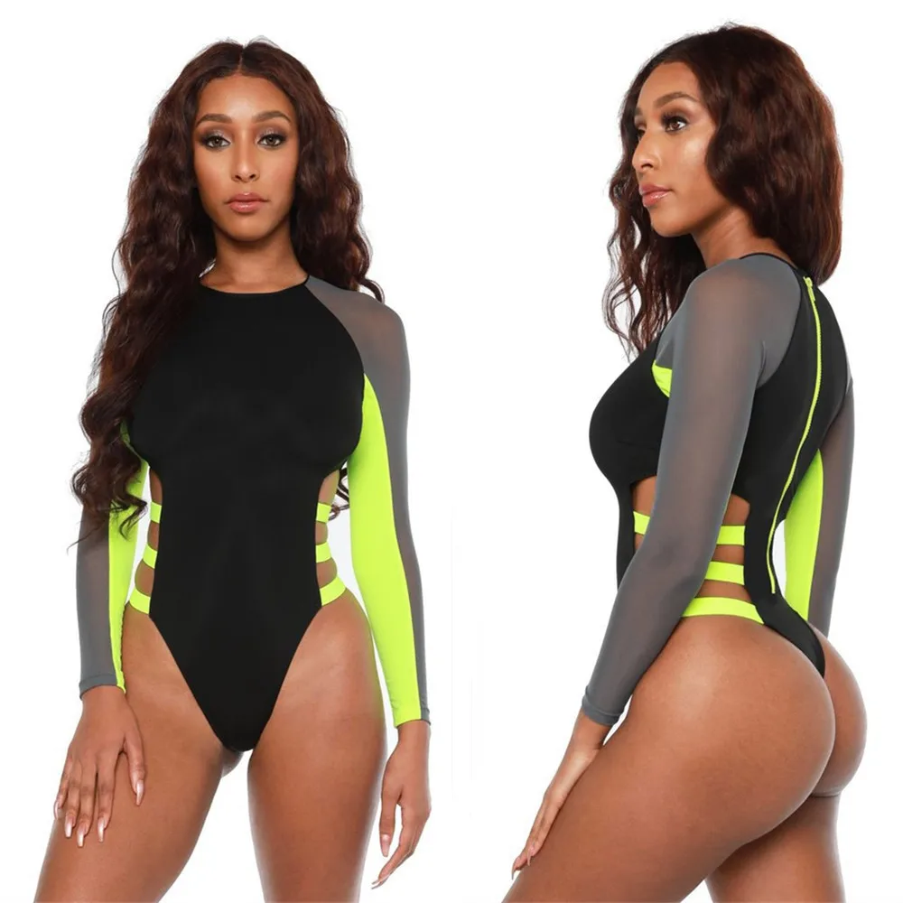 BKLD Cao Cấp Tay Dài Bodysuit Nữ Cổ Tròn Phối Lưới Miếng Dán Cường Lực Băng Bodysuit Ôm Body Đi Biển Mùa Hè Jum 2019 Phụ Nữ