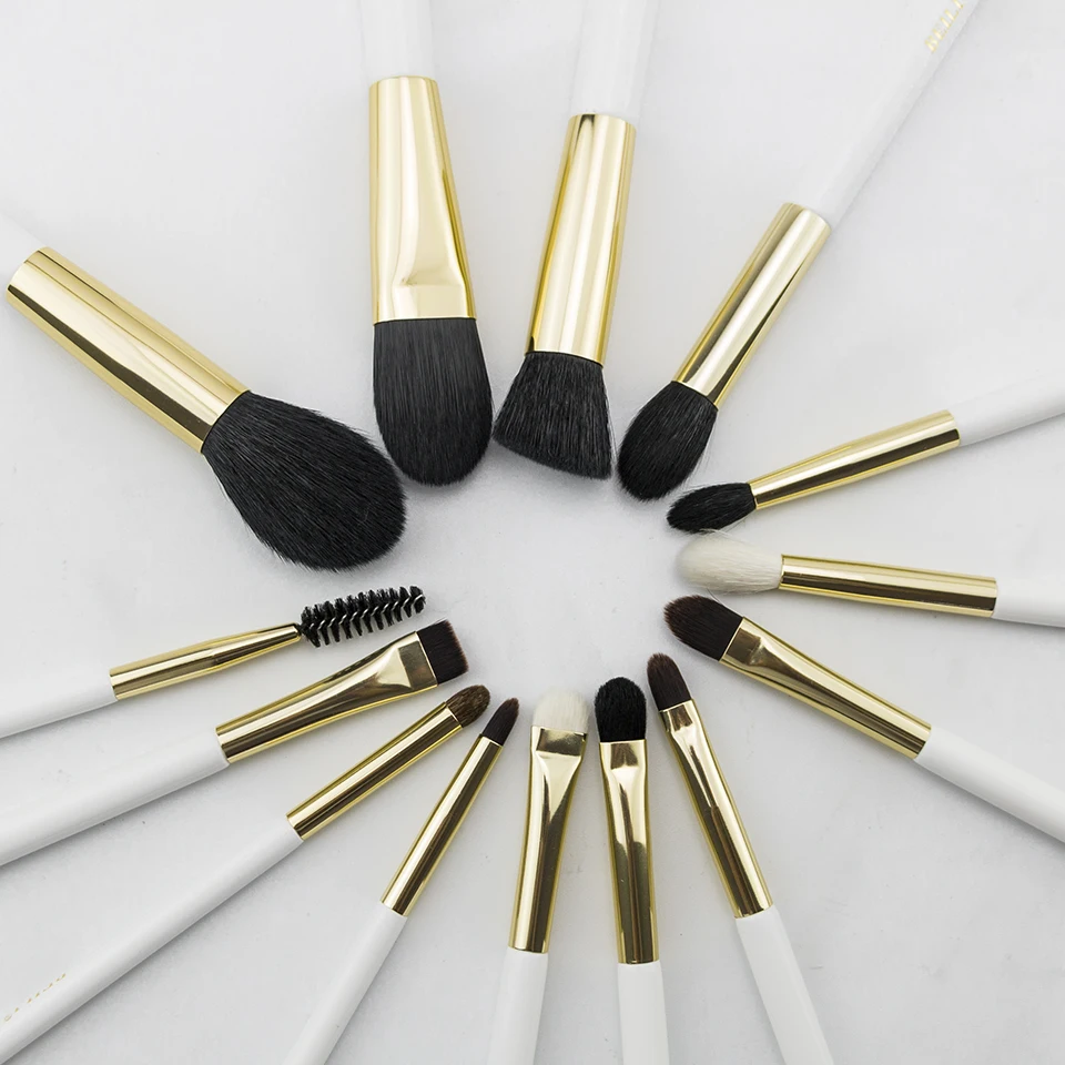 BEILI 14 pieces Goat hair Professional Makeup brush set Highlight Foundation Eye blending Eye pencil Pearl White Gold Handle