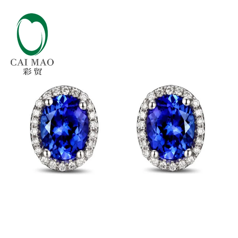 14k White Gold 2.71ct  Violetish Blue Tanzanite & Natural Diamond Engagement Earrings Stud