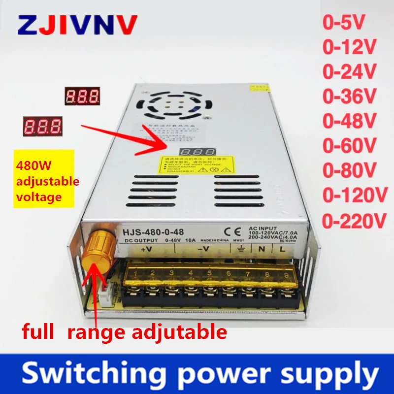 480W digital display switching power supply Adjustable voltage 0-5V 12V 24V 36V 48V 60v 80V 120v 220v 300V, 24v 20A, 48V 10a