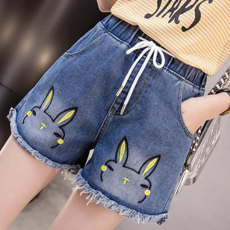 

Zuolunouba New Casual Short Girl Cartoon Funny Bunny High Waist Loose Elastic Waist Shorts Women Denim