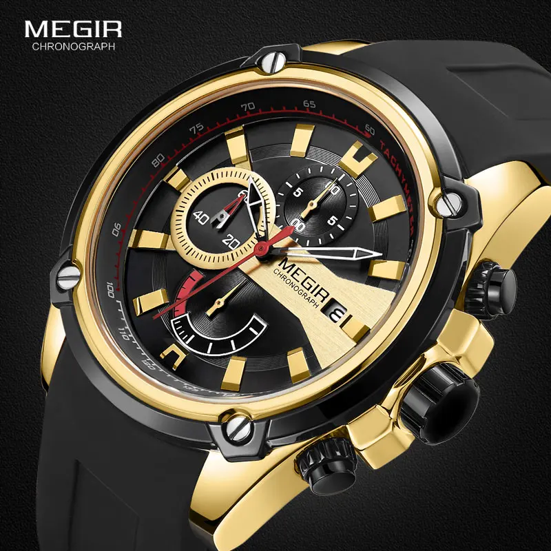 MEGIR Men\'s Quartz Watches Silicone Strap Leisure Sports Chronograph Wristwatch for Man Clock Relogios Masculino 2086 Gold Black