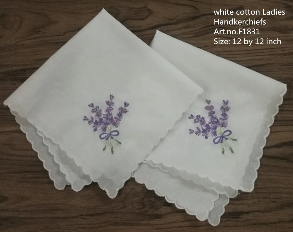 Set of 12 Women Handkerchiefs 12-inch White Cotton Wedding Hankies scallop Edged Color embroidery Vintage Hanky For Ladies/Bride