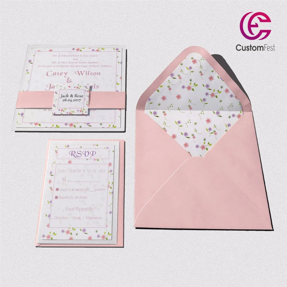 

30pcs/lot color small flowers floral design with personalized liner envelop pink and gold invitation and RSVP set L202S032