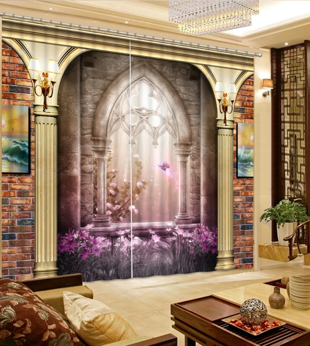 

Luxury 3D Blackout Window Curtains European Roman column flowers Blackout Shade Window Curtains