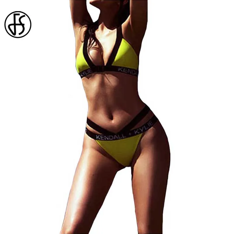 FS High Waist Yellow KENDALL KYLIE Letter Swimsuit Bikinis Set Bandage Women Swimwear Brazilian Biquini Cut Out Bathing Suit