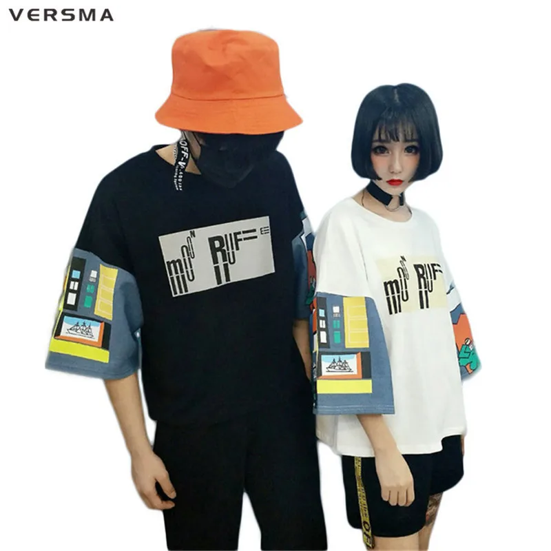 

VERSMA 2017 Japanese Harajuku BF Patchwork Pattern Printed T-shirt Men Women Summer Fashion Loose Tops Tees Shirt Couple Clothes