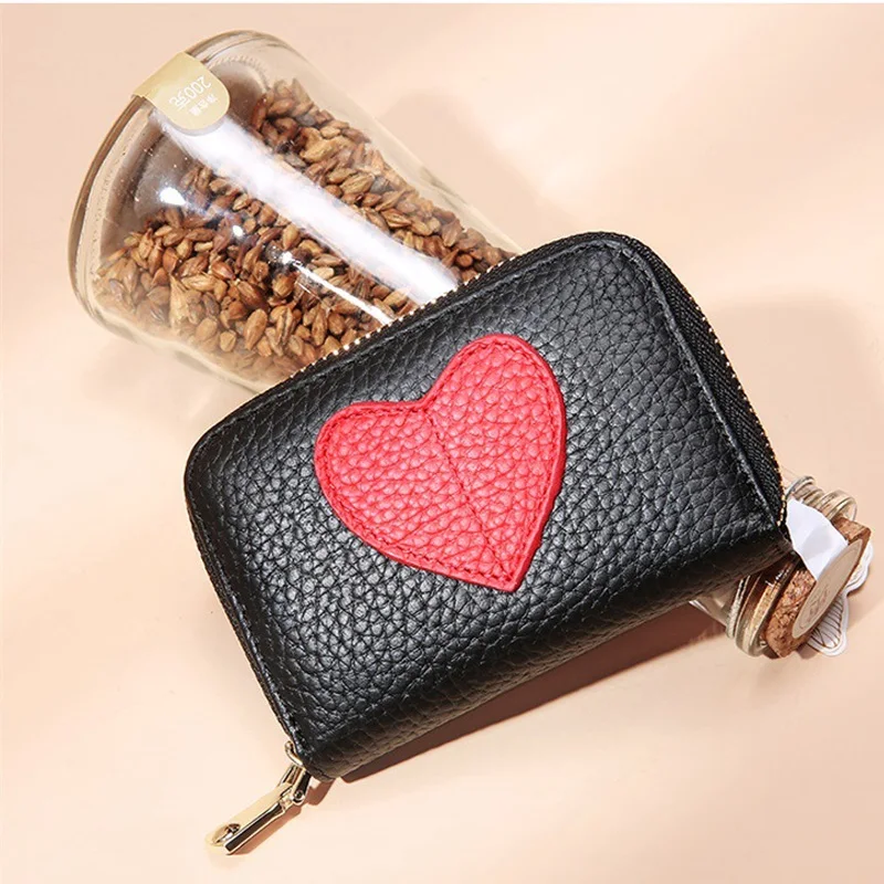 Zency Mini Short Wallet For Women Genuine Leather Heart Shape Decoration Daily Casual Coin Pocket Purse Card Holders Black Red