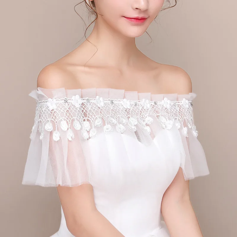 2019 New Spring Summer Bridal Shawl Lace Flower Bride Shawl Wedding Dress Accessories Off the Shoulder Beaded Crystal