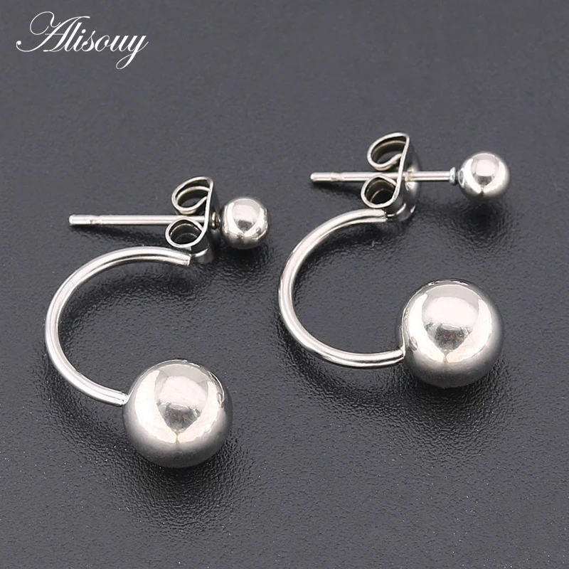 Alisouy 2pcs Fashion Women Double Pearl Balls Earring Studs Gold Color Stainless Steel Round Hook Stud Earrings Jewelry