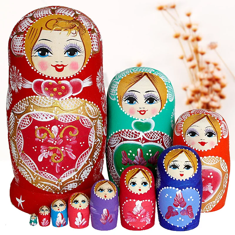 Russian Doll Color 10 Pcs Creative Gifts for Hand-painted A Birthday Present Reborn Doll Toy Wooden Handicraft  A041