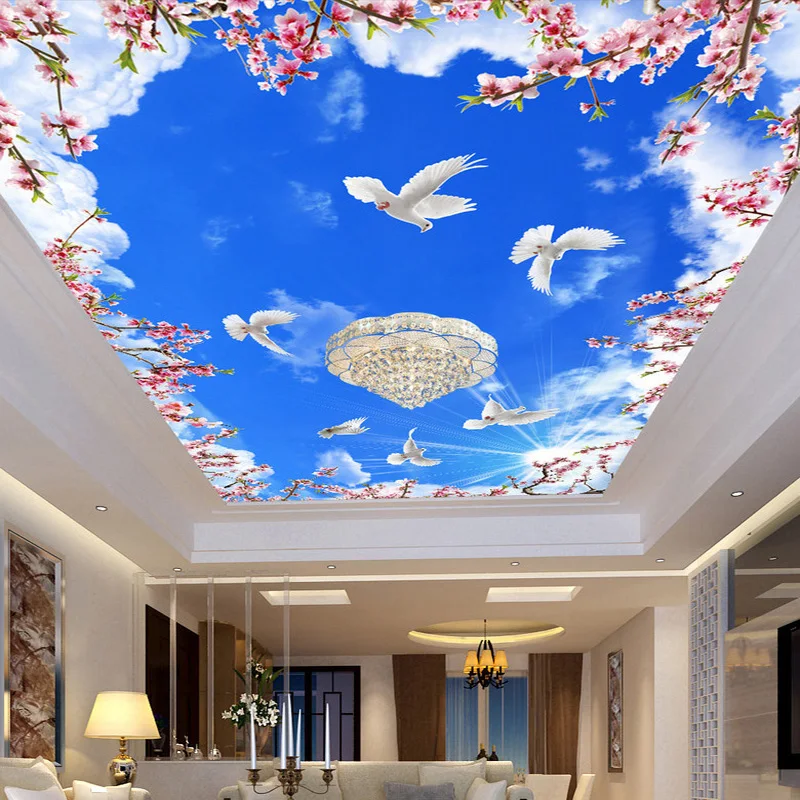 

Custom Photo Wallpaper Ceiling 3D Blue Sky White Clouds Flower Branches White Pigeons Large Wall Painting Decoration Living Room