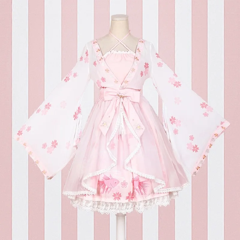 Vestido de gasa de Lolita, bordado de peces dorados, estampado Floral Kawaii, bonito estilo chino, vestidos de princesa con lazo, disfraces de Cosplay, novedad de 2020