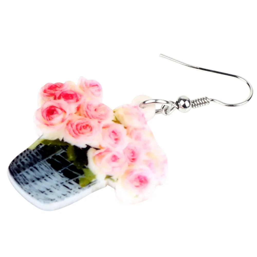 Bonsny Acrylic Pink Rose Bouquet Earrings Drop Dangle Pot Flower Plant Herb Jewelry For Women Girls Teens Spring Summer Charms