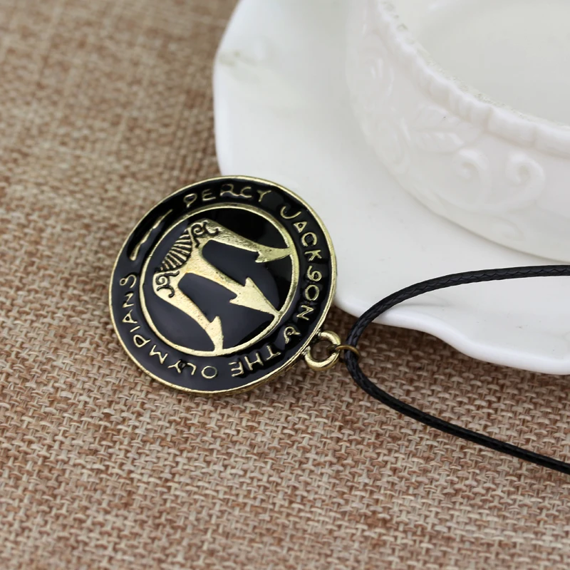 dongsheng Fashion Movie Jewelry Percy Jackson and the Olympians Trident Pendant Necklace Leather Rope Chain Round Metal Necklace