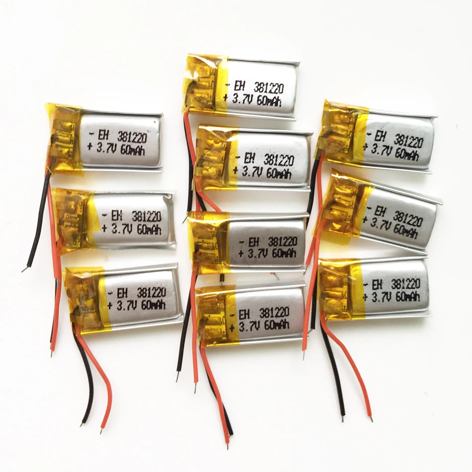 10 x peças 3.7v 60mah bateria recarregável lipo para mp3 gravador bluetooth mid fone de ouvido headphon caneta de vídeo luz led 381220