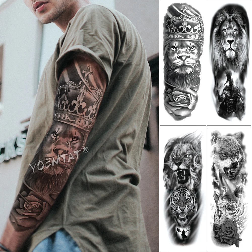 

Large Arm Sleeve Tattoo Lion Crown King Rose Waterproof Temporary Tattoo Sticker Wild Wolf Tiger Men Full Skull Totem Tattoo