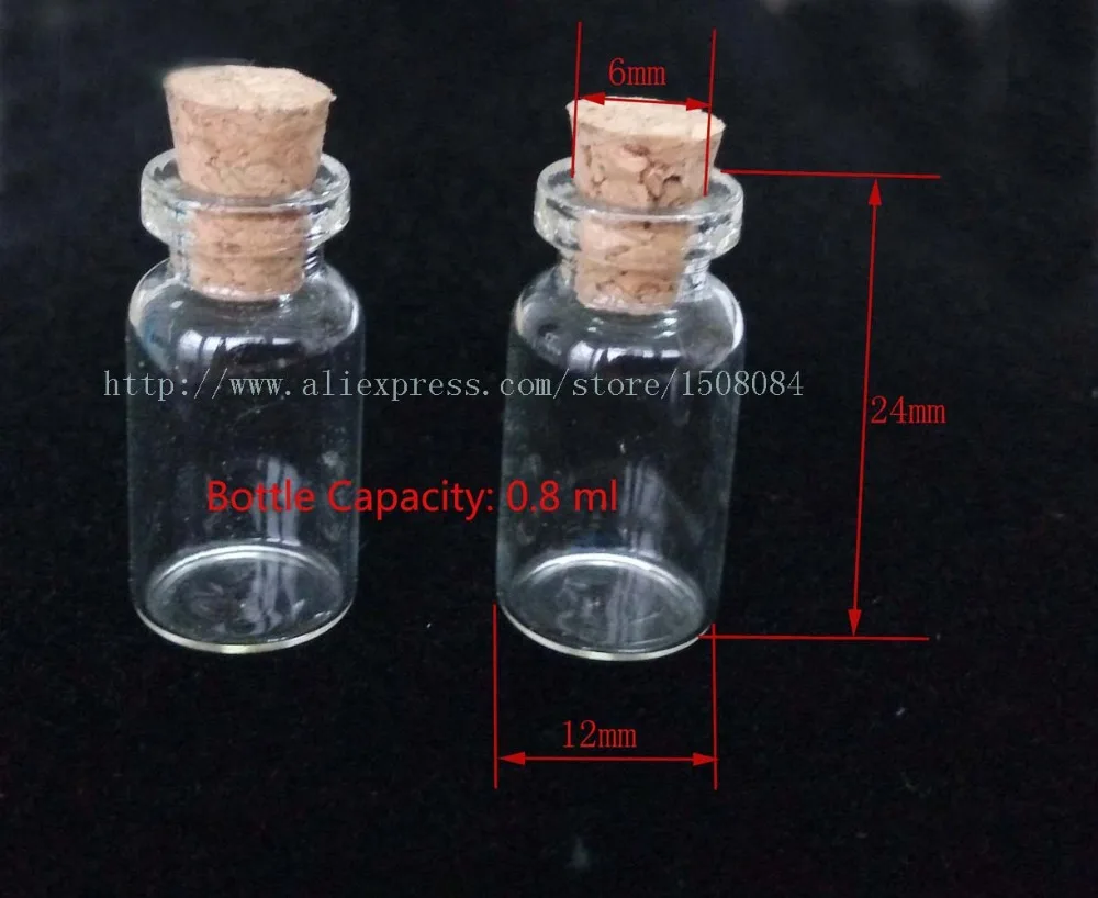 

100 Pcs Lot of small glass vials with cork tops 0.8ml tiny bottles Little empty jars 12*24mm